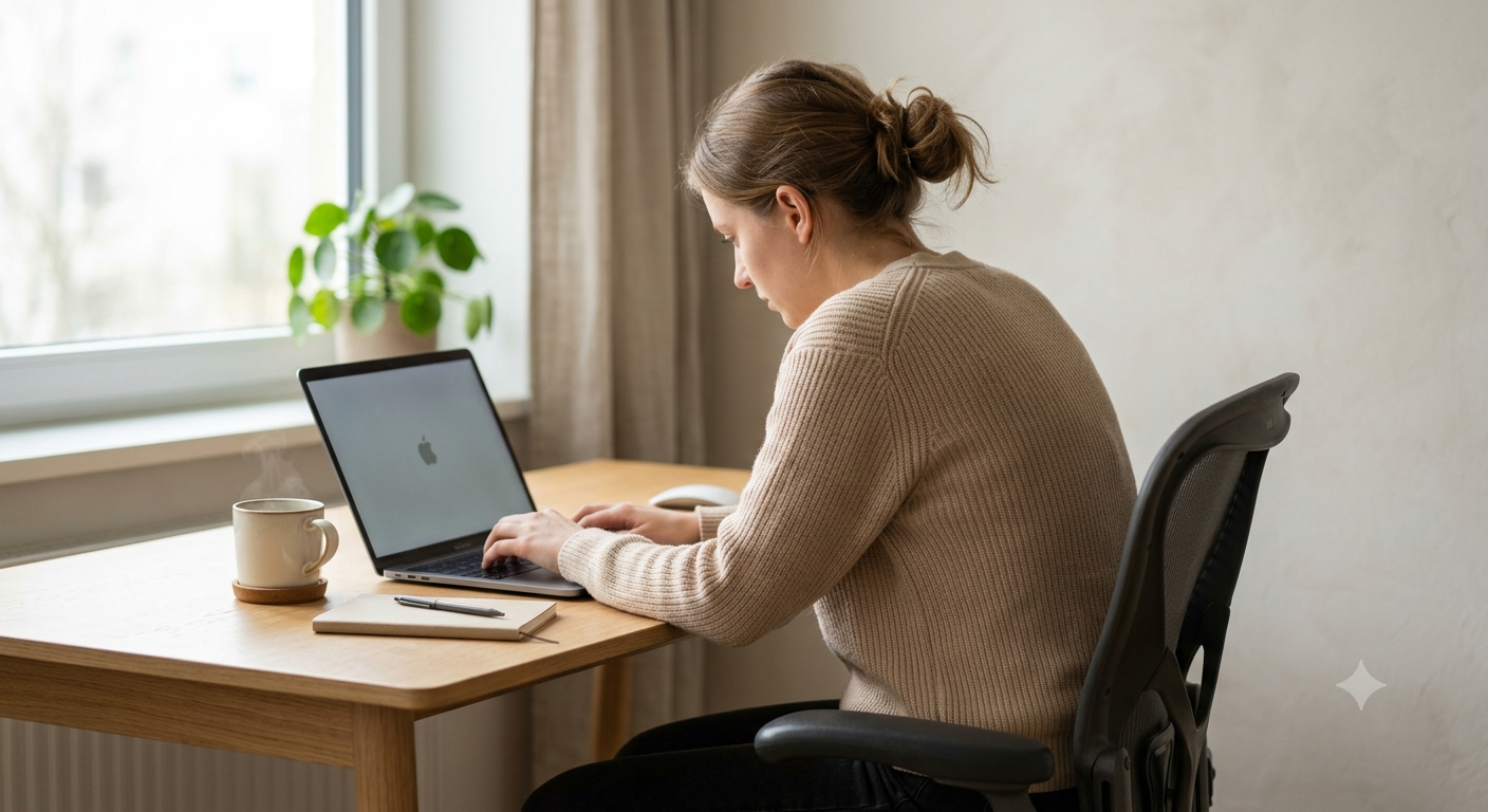 Working at a desk with rounded shoulders