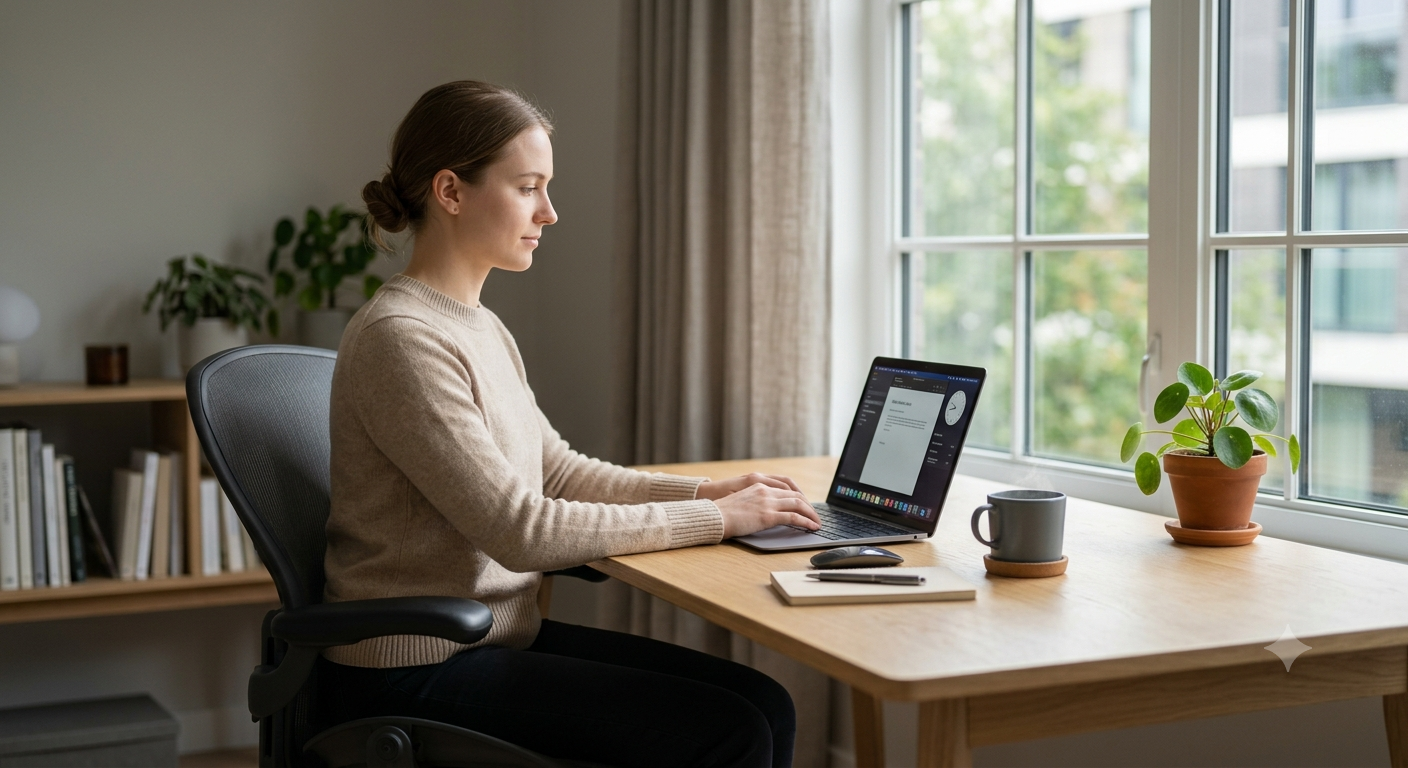 Working at a desk with upright, relaxed posture